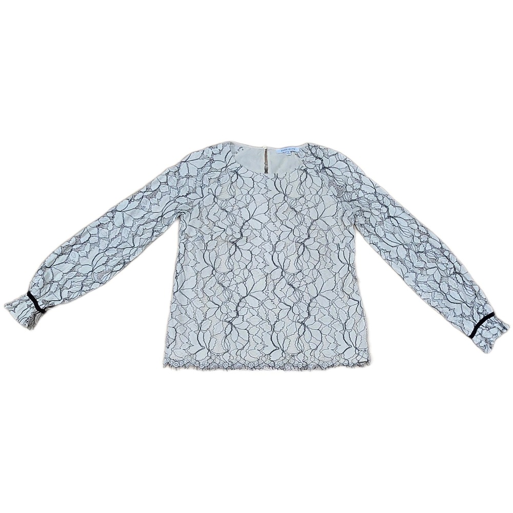 Rose + Olive Lace Long Sleeve Blouse Cream Black Floral Ruffle Cuff Top Sz Med